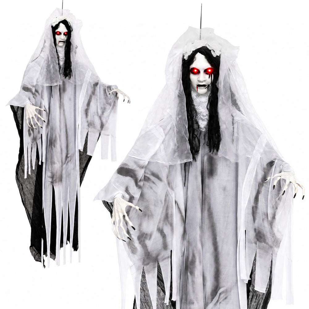 Creepy 6 FT ghost bride Halloween decoration features glowing eyes, sound effects, and flexible arms for lifelike motion.