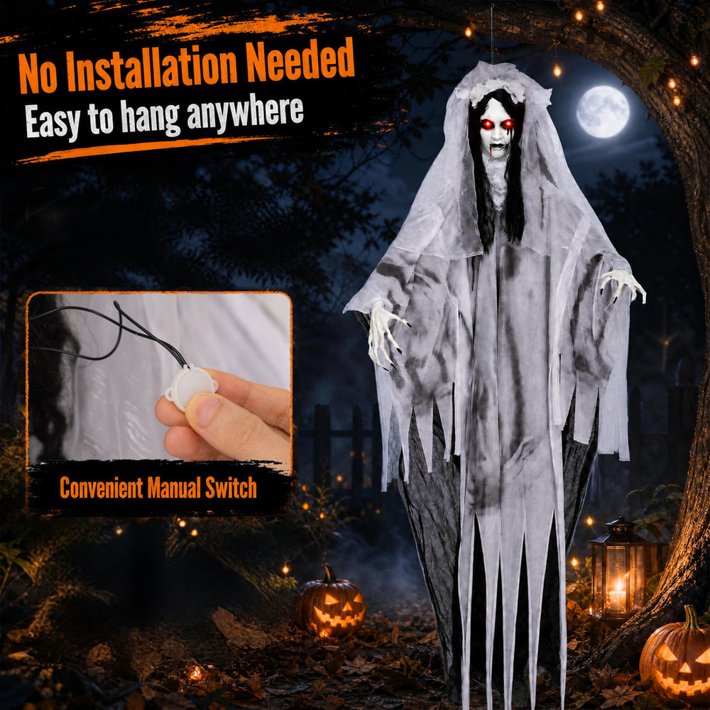 Creepy 6 FT ghost bride Halloween decoration with glowing eyes, sound effects, and flexible arms for easy posing.