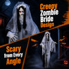 Creepy 6 FT ghost bride Halloween decoration features glowing eyes, sound effects, and a swinging body for lifelike motion.