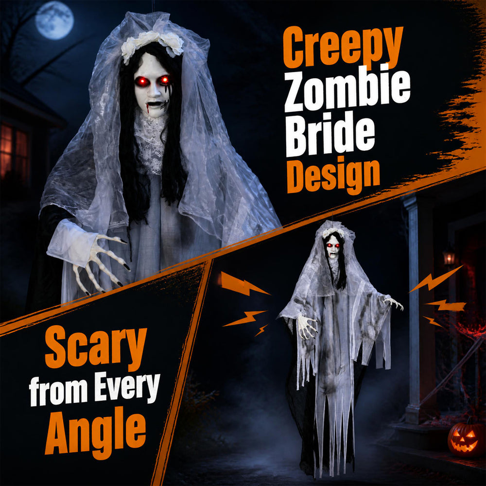 Creepy 6 FT ghost bride Halloween decoration features glowing eyes, sound effects, and a swinging body for lifelike motion.