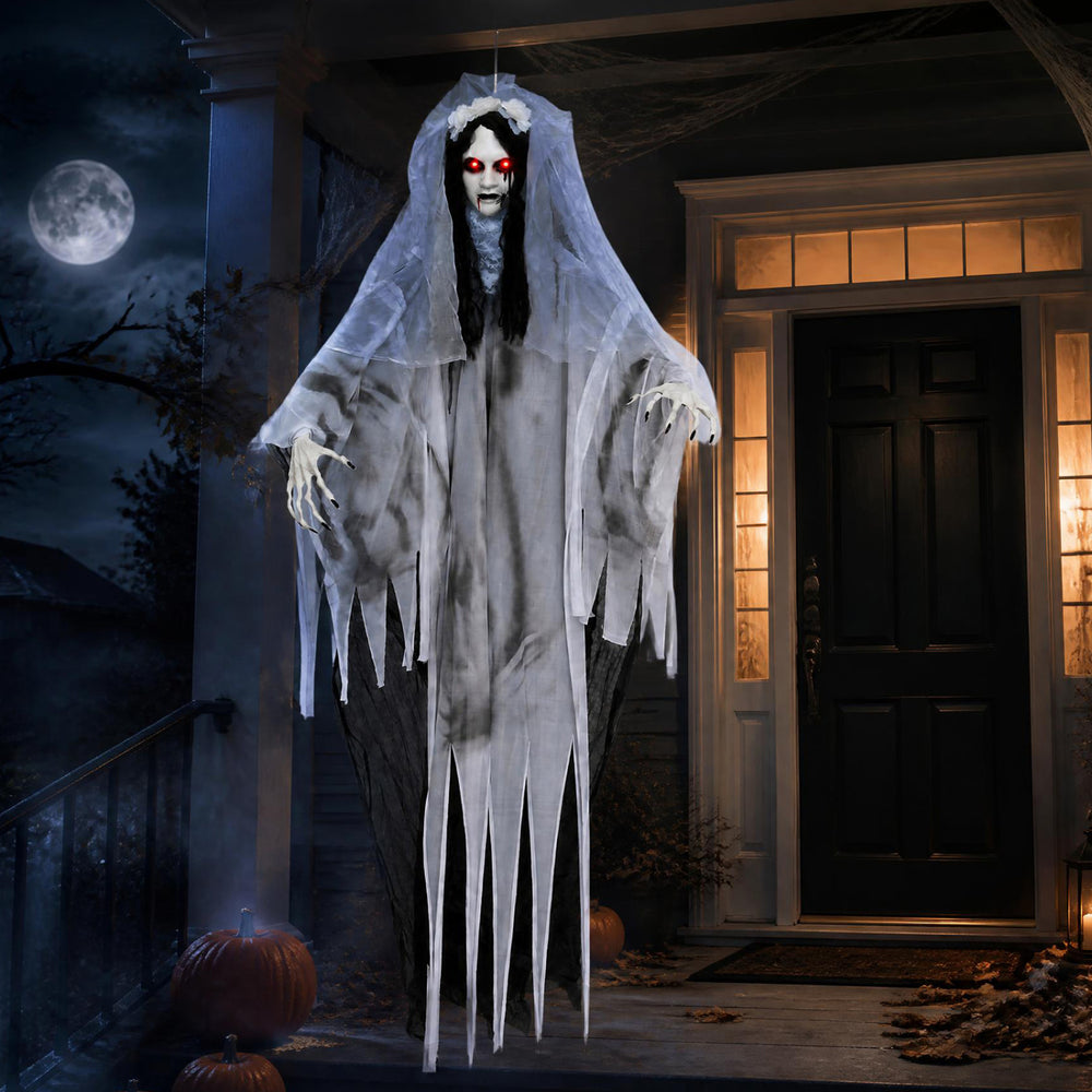 Creepy 6 FT ghost bride Halloween decoration showcases a spooky design with a rose headdress and sound-activated effects.