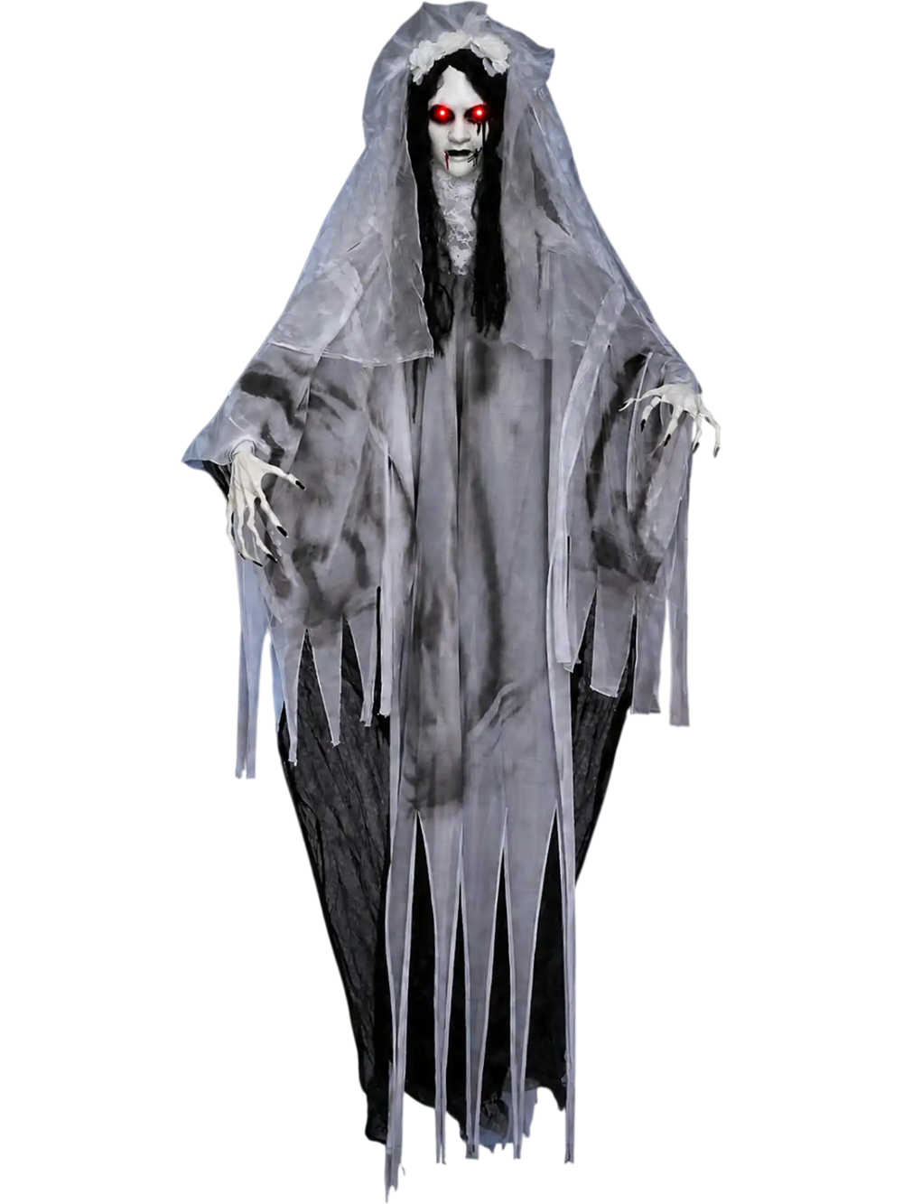 Creepy 6 FT ghost bride decoration features glowing eyes, sound effects, and swinging body for a spooky Halloween setup.