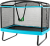 6 FT kids trampoline with swing and safety enclosure net, designed for bouncing and swinging fun in blue color.