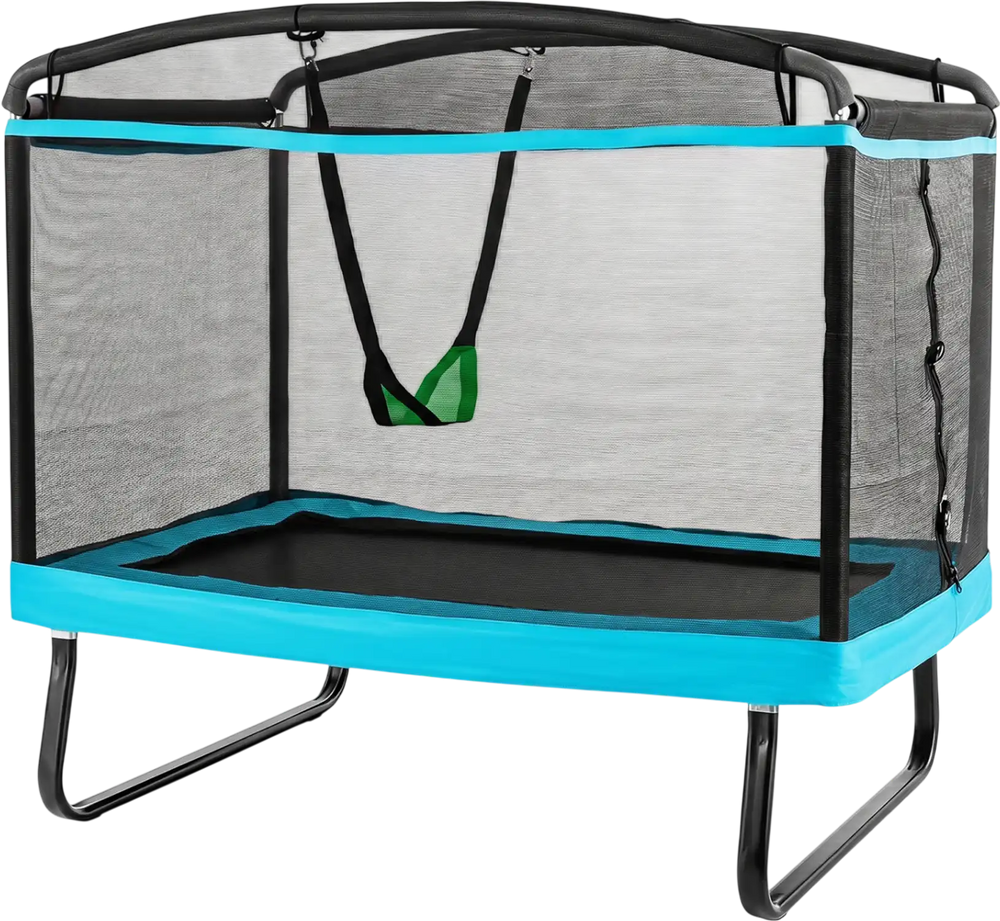 6 FT kids trampoline with swing and safety enclosure net, designed for bouncing and swinging fun in blue color.