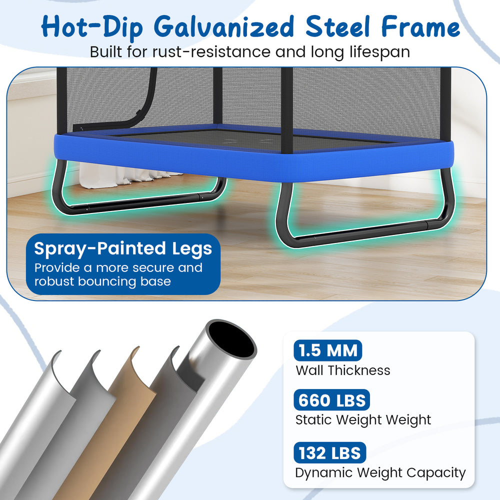 Hot-dip galvanized steel frame of the 6 FT kids trampoline with swing, featuring spray-painted legs for enhanced.