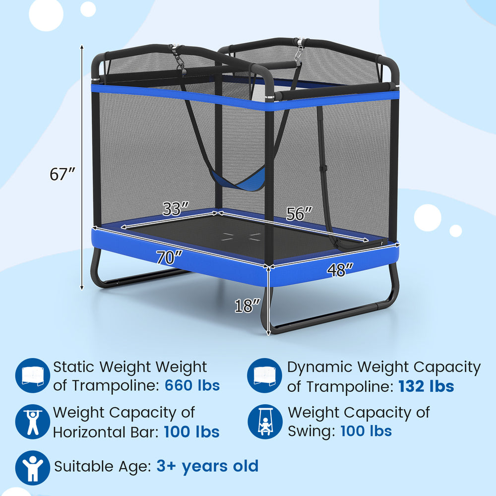 6 FT kids trampoline with swing and horizontal bar in blue, featuring safety net and padded spring cover for secure.