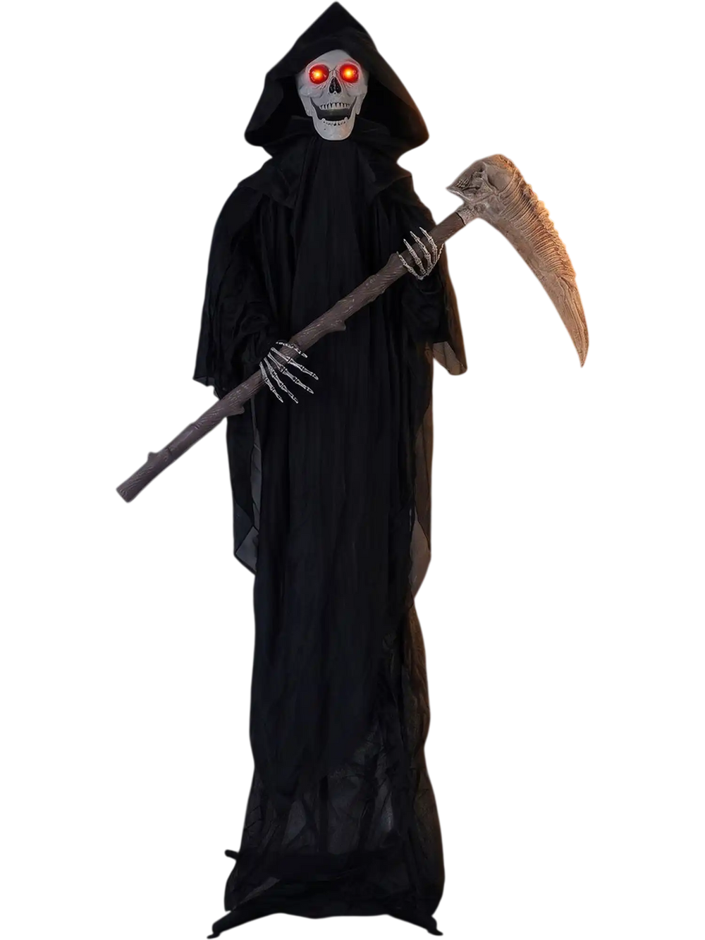 Imposing 6 FT Grim Reaper decoration with a menacing scythe and glowing red eyes, ideal for haunting Halloween displays.