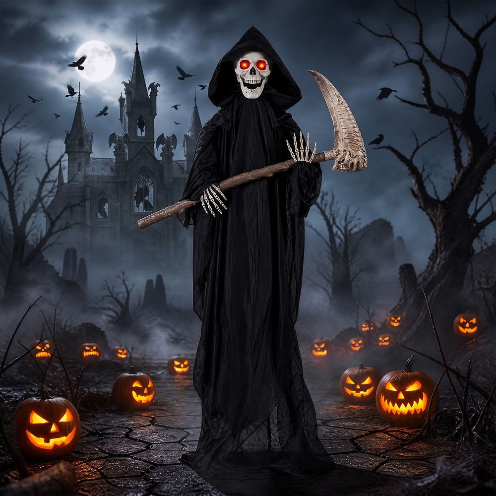 Lifelike 6 FT Grim Reaper with scythe features glowing red eyes and eerie sounds, perfect for Halloween decorations.
