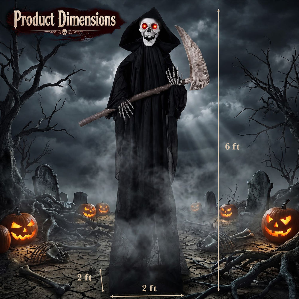 Detailed dimensions of the 6 FT Lifelike Grim Reaper decoration, showcasing its imposing height and eerie design features.