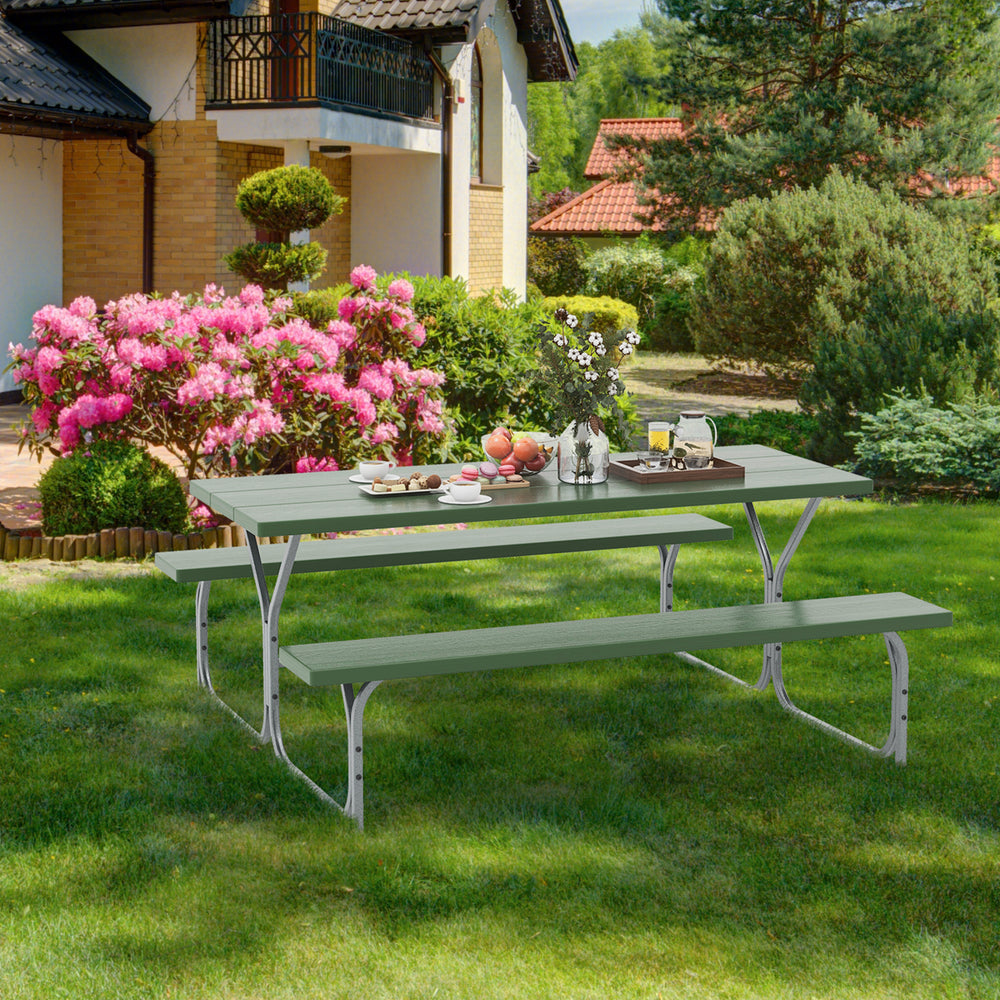 6 ft green picnic table and 2 benches with HDPE tabletop and metal frame, perfect for outdoor dining and gatherings.