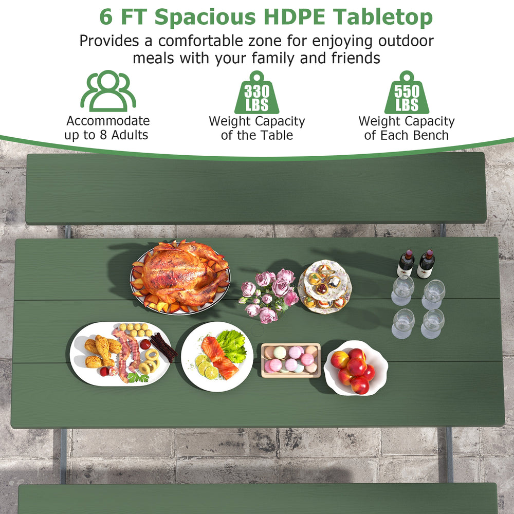 6 FT green HDPE picnic table with metal frame, accommodating up to 8 adults for outdoor dining and gatherings.