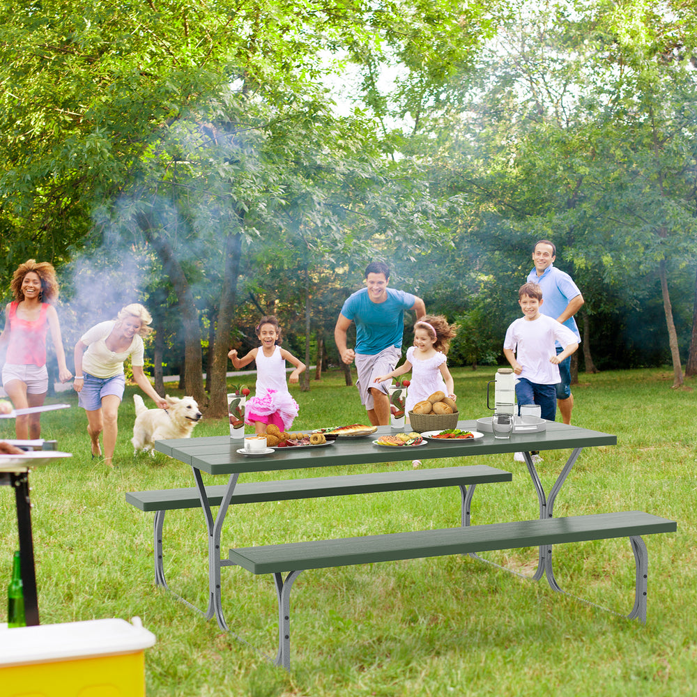 6 ft green picnic table set with HDPE tabletop and metal frame, ideal for outdoor gatherings and BBQs.