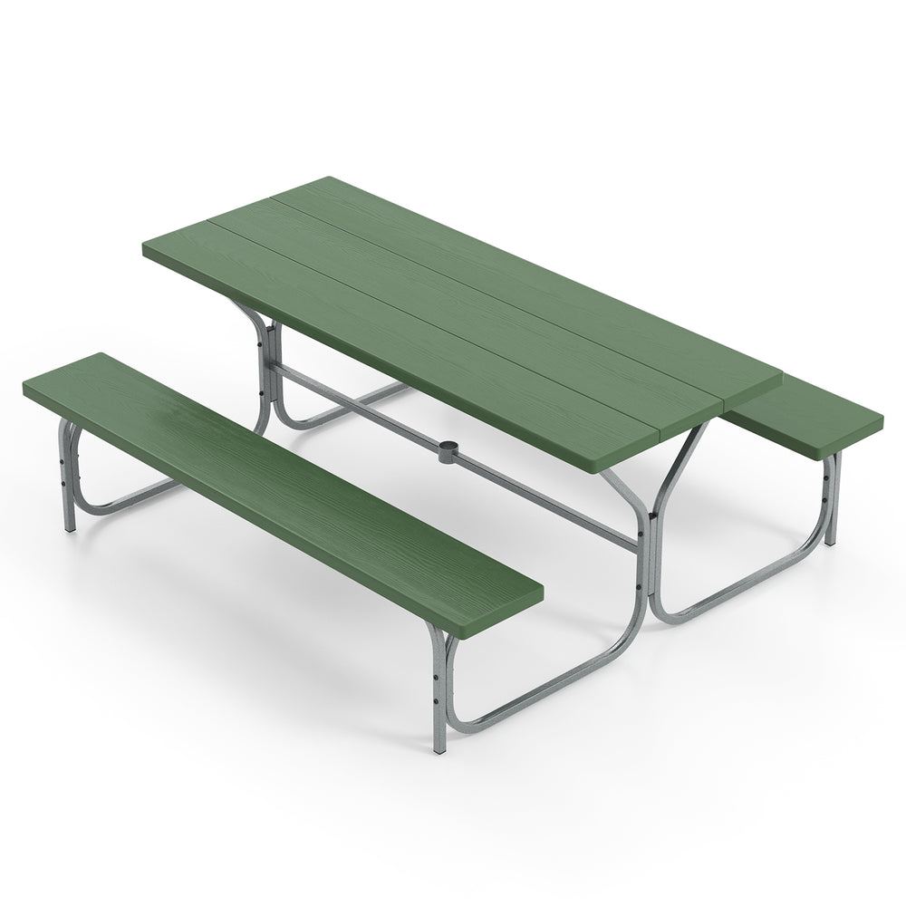 6 ft green picnic table set with HDPE tabletop and metal frame, perfect for outdoor dining and gatherings.