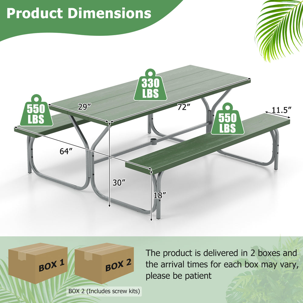 6 ft picnic table bench set with green HDPE tabletop and metal frame, ideal for outdoor dining and gatherings.