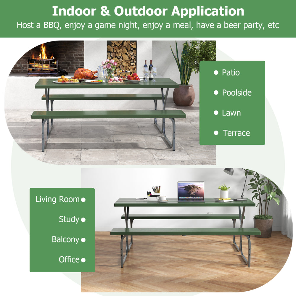 6 ft green picnic table bench set with HDPE tabletop and metal frame, ideal for outdoor BBQs and gatherings.