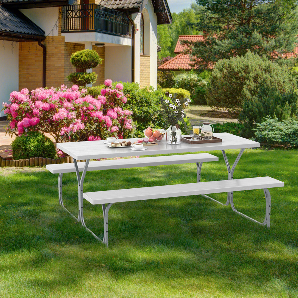 6 FT Picnic Table Bench Set Dining Table and 2 Benches with Metal Frame and HDPE Tabletop-White - Gallery View 1 of 11