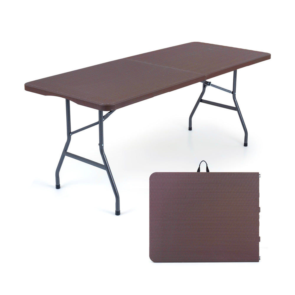 6 FT camping table with a fold-in-half design and anti-cracking HDPE surface, ideal for parties and outdoor gatherings.