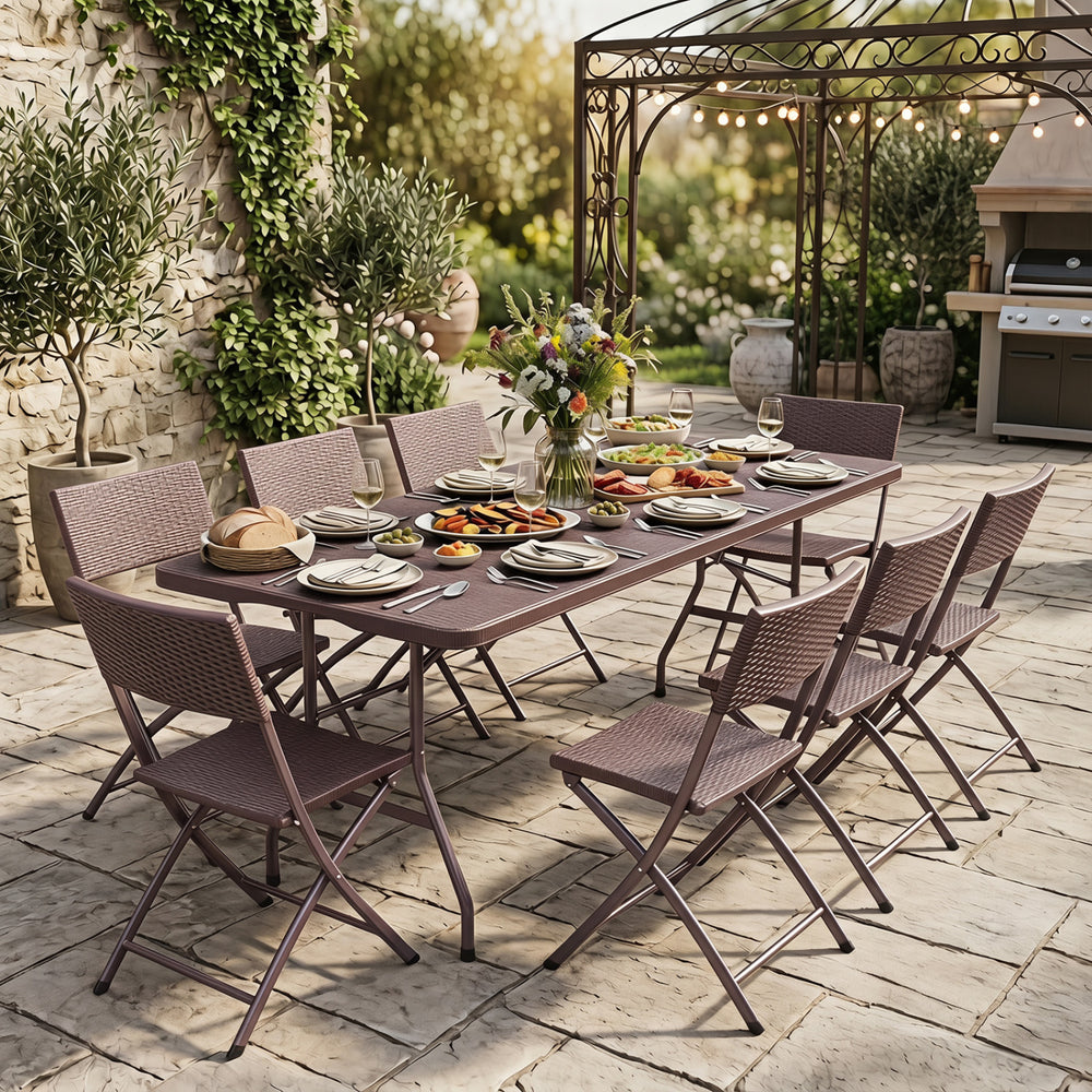 Rectangular 6 FT fold-in-half camping table with simulated rattan texture, perfect for outdoor dining and events.