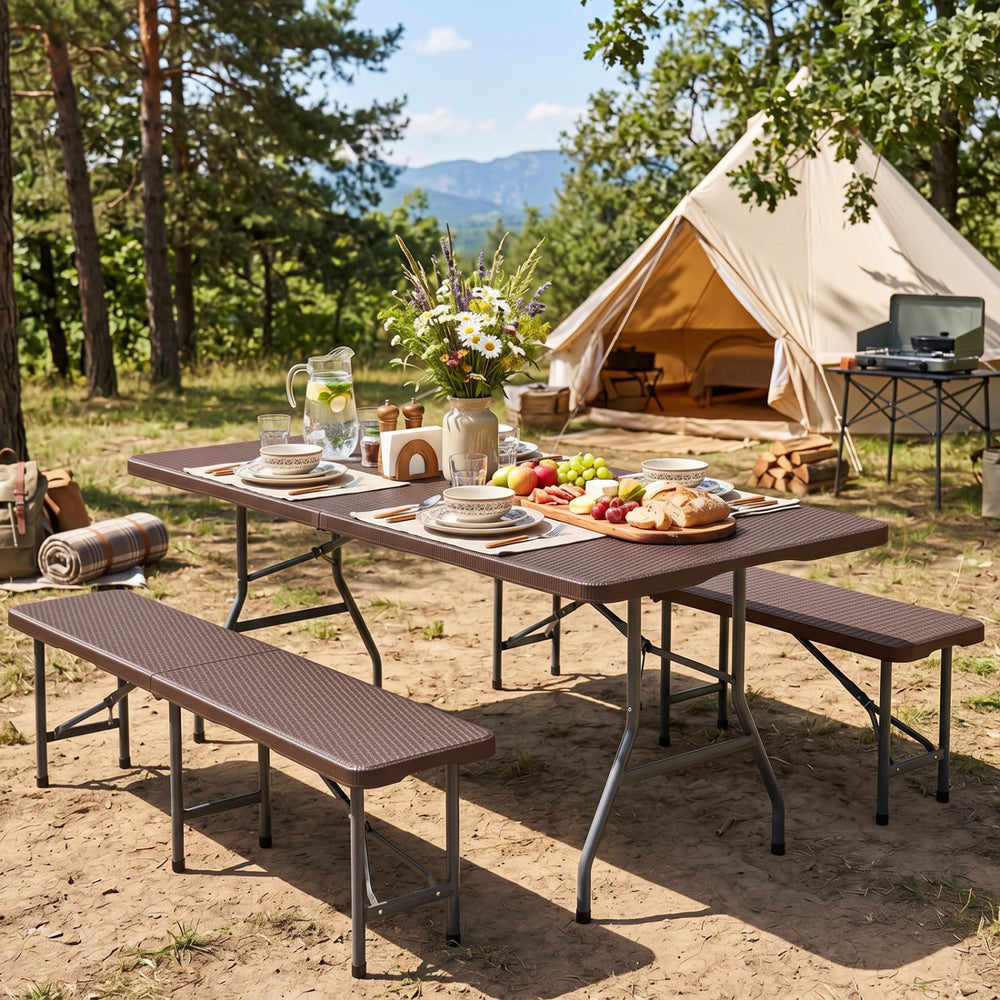 The 6 FT plastic fold-in-half camping table features a simulated rattan texture, perfect for outdoor dining and events.