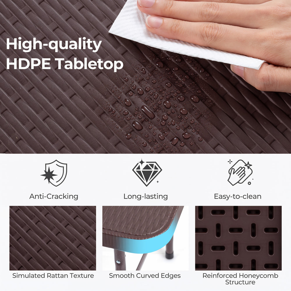 Close-up of the high-quality HDPE tabletop with simulated rattan texture, featuring easy-to-clean and anti-cracking properties.