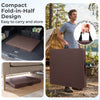 Compact 6 FT fold-in-half camping table with simulated rattan texture and carrying handle for easy transport and storage.