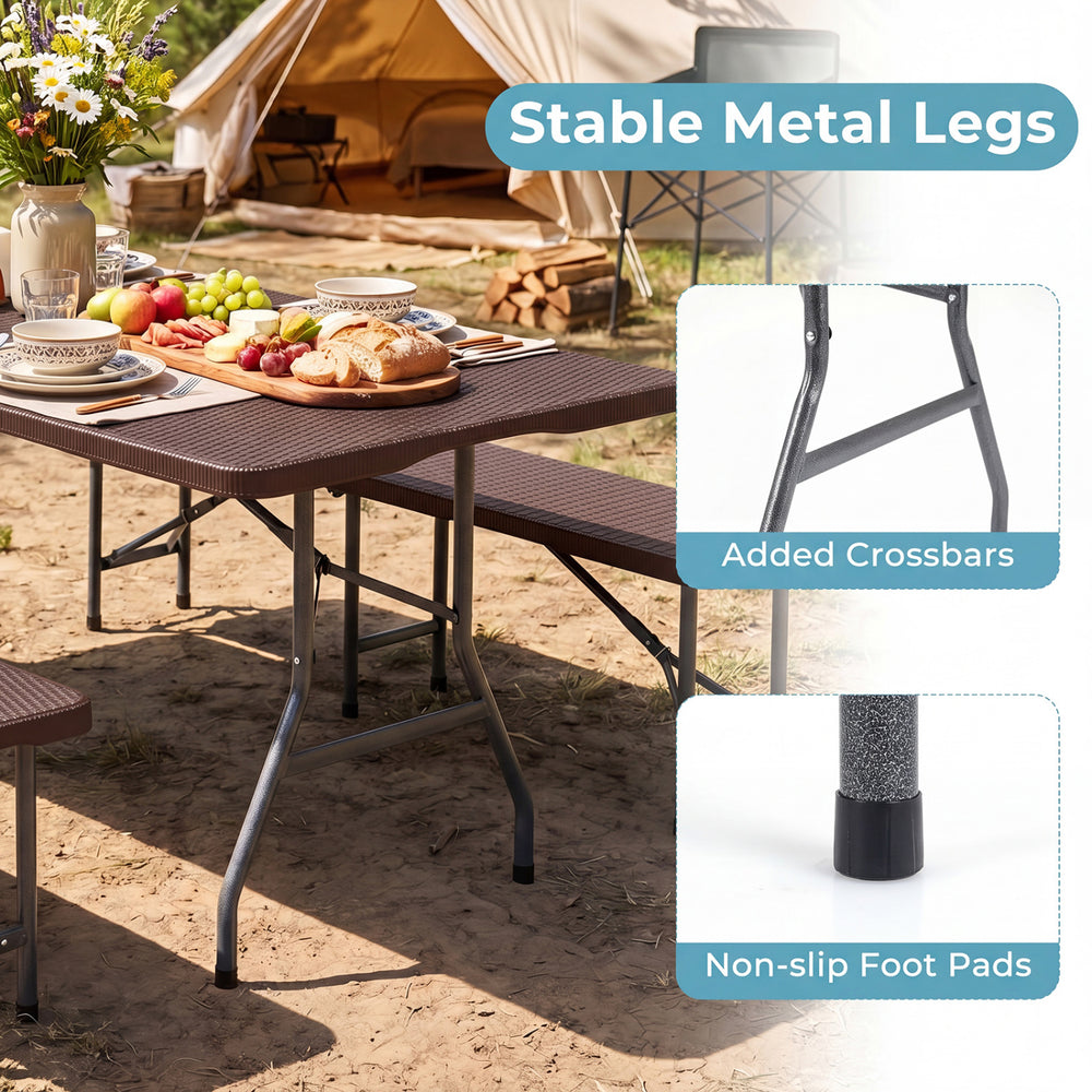 6 FT plastic fold-in-half camping table with simulated rattan texture and stable metal legs, perfect for outdoor events.