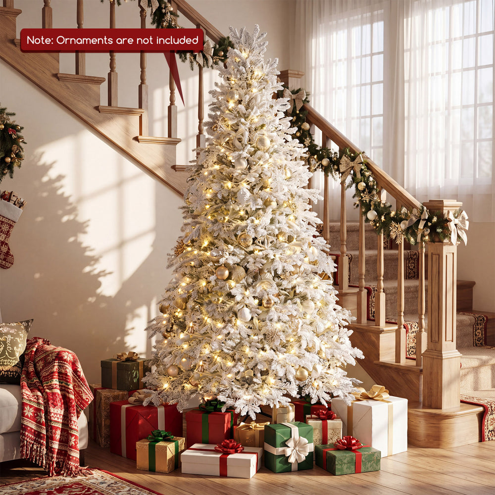 Flocked 6 FT pre-lit artificial Christmas tree with warm white and multicolor LED lights, perfect for festive holiday displays.