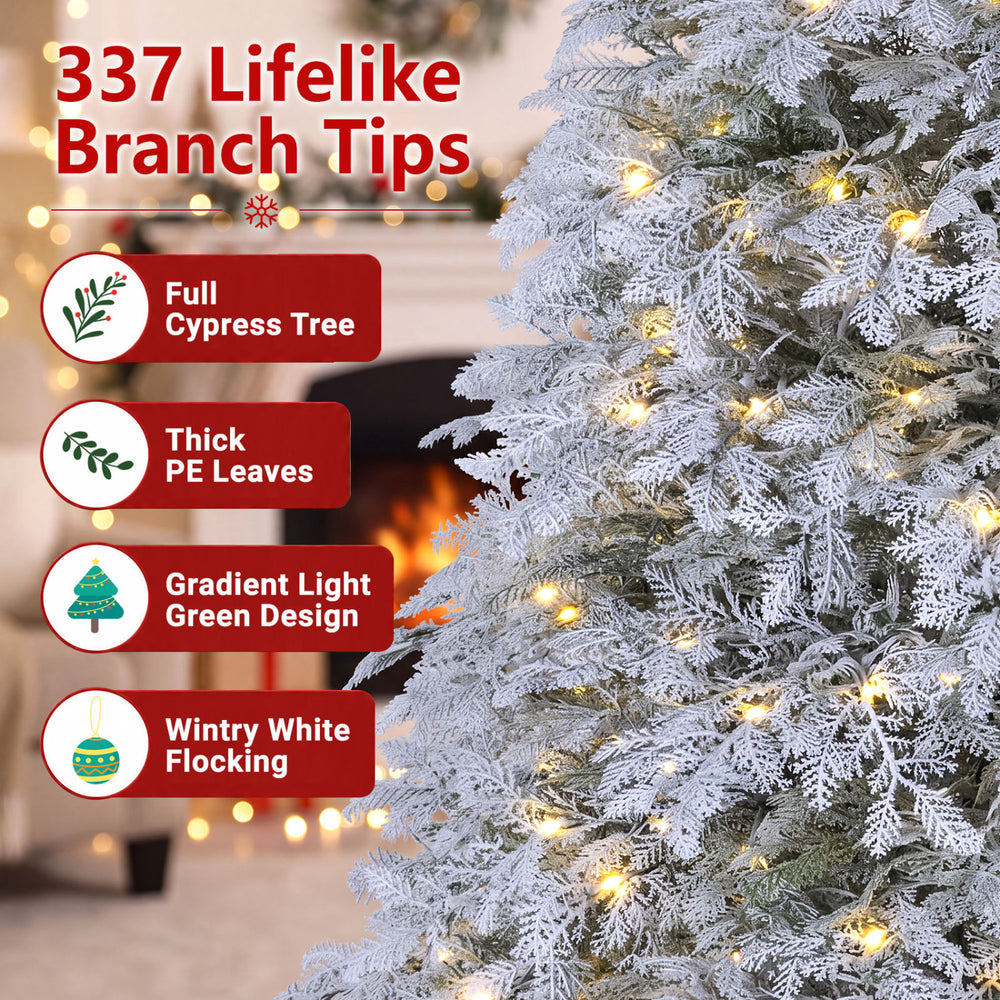 6 FT pre-lit artificial Christmas tree with warm white and multicolor LED lights, featuring lifelike cypress leaves and flocked branches.