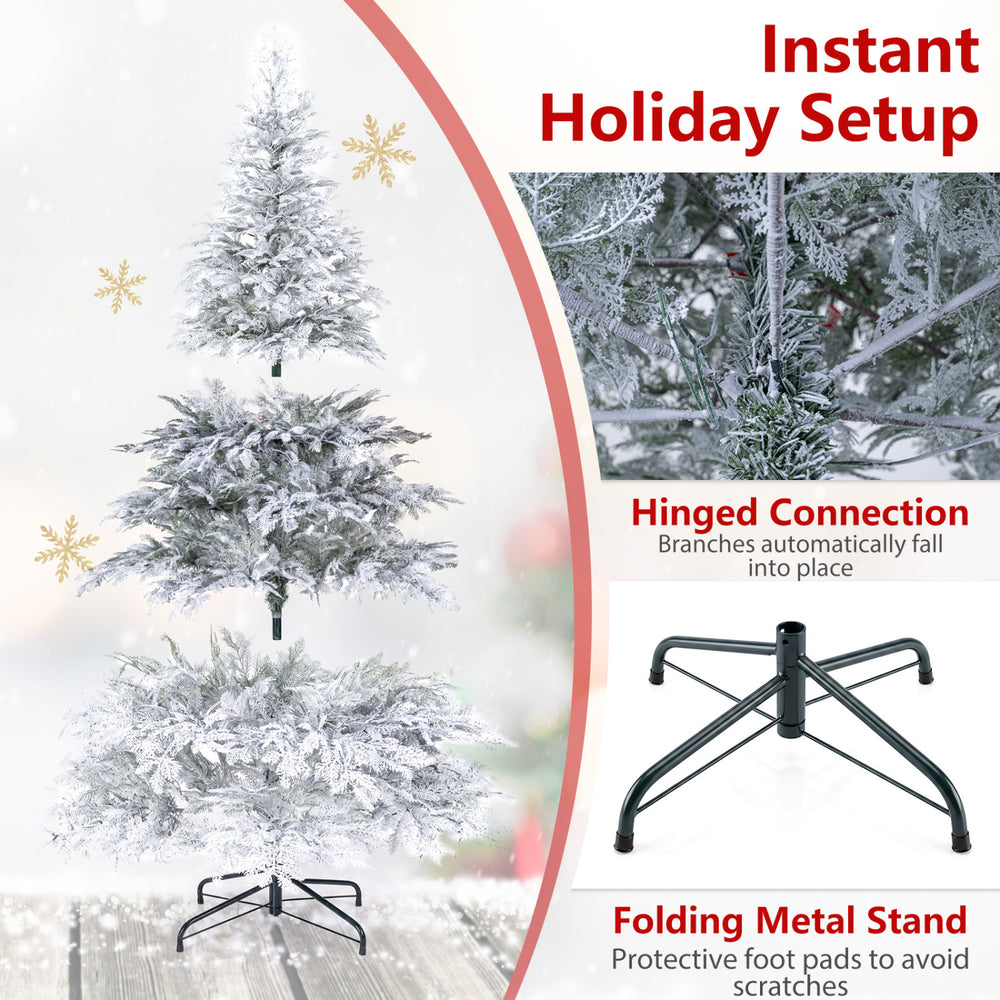 6 FT pre-lit artificial Christmas tree with flocked branches, warm white and multicolor LED lights, perfect for holiday decor.