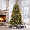 Realistic 6 FT pre-lit artificial Christmas tree with dual-color LED lights, adorned with pine cones and red berries, for festive decor.