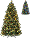 6 FT pre-lit artificial Christmas tree featuring dual-color LED lights, pine cones, and red berries for festive decor.