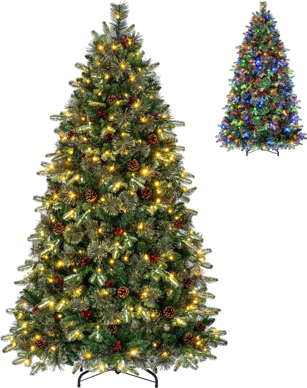 6 FT pre-lit artificial Christmas tree featuring dual-color LED lights, pine cones, and red berries for festive decor.