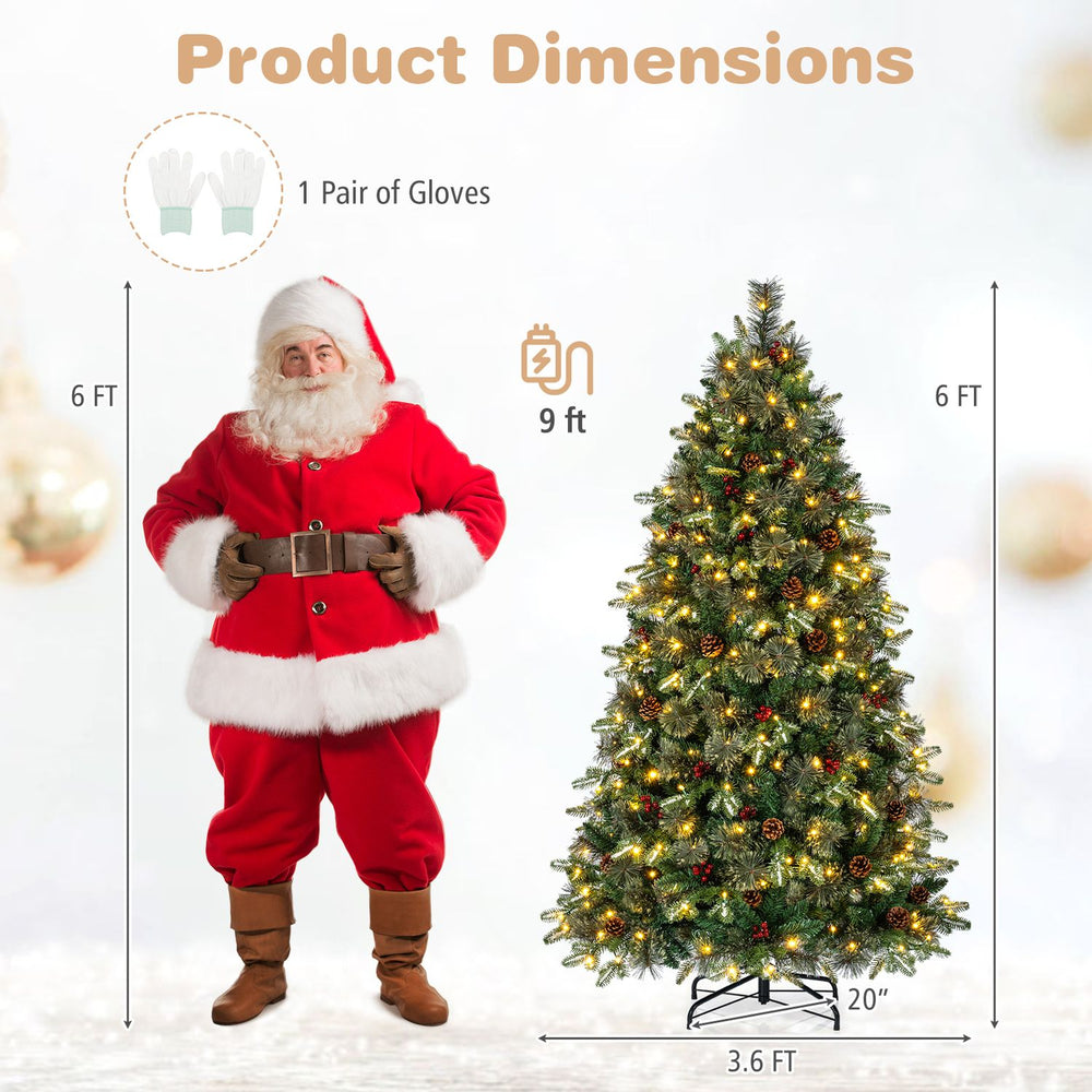 9-foot pre-lit artificial Christmas tree with dual-color LED lights and 9 modes, featuring realistic foliage and pine cones.