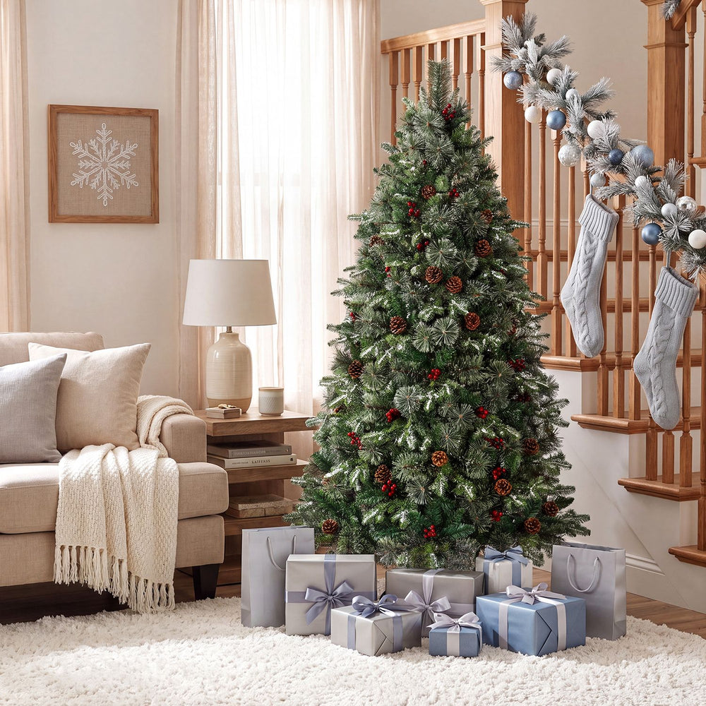 Realistic 6 FT pre-lit artificial Christmas tree features dual-color LED lights and 9 modes, perfect for festive decor.