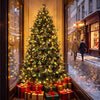6 FT pre-lit artificial Christmas tree with dual-color LED lights, featuring realistic foliage and festive decorations.