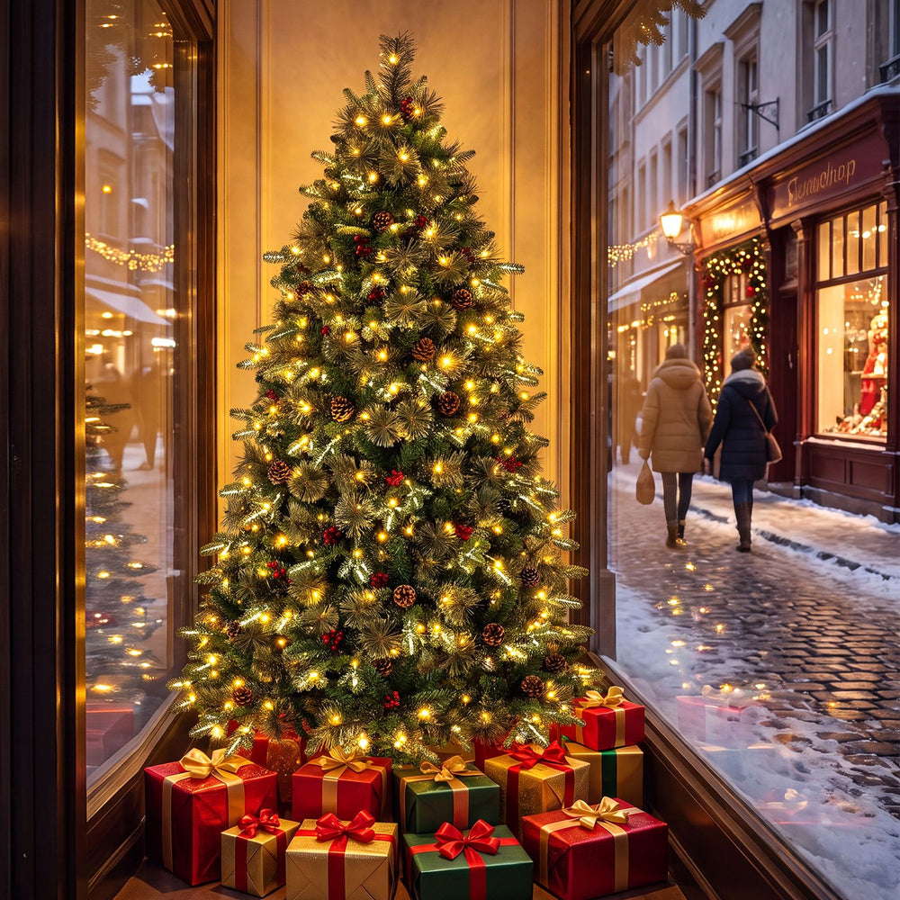 6 FT pre-lit artificial Christmas tree with dual-color LED lights, featuring realistic foliage and festive decorations.