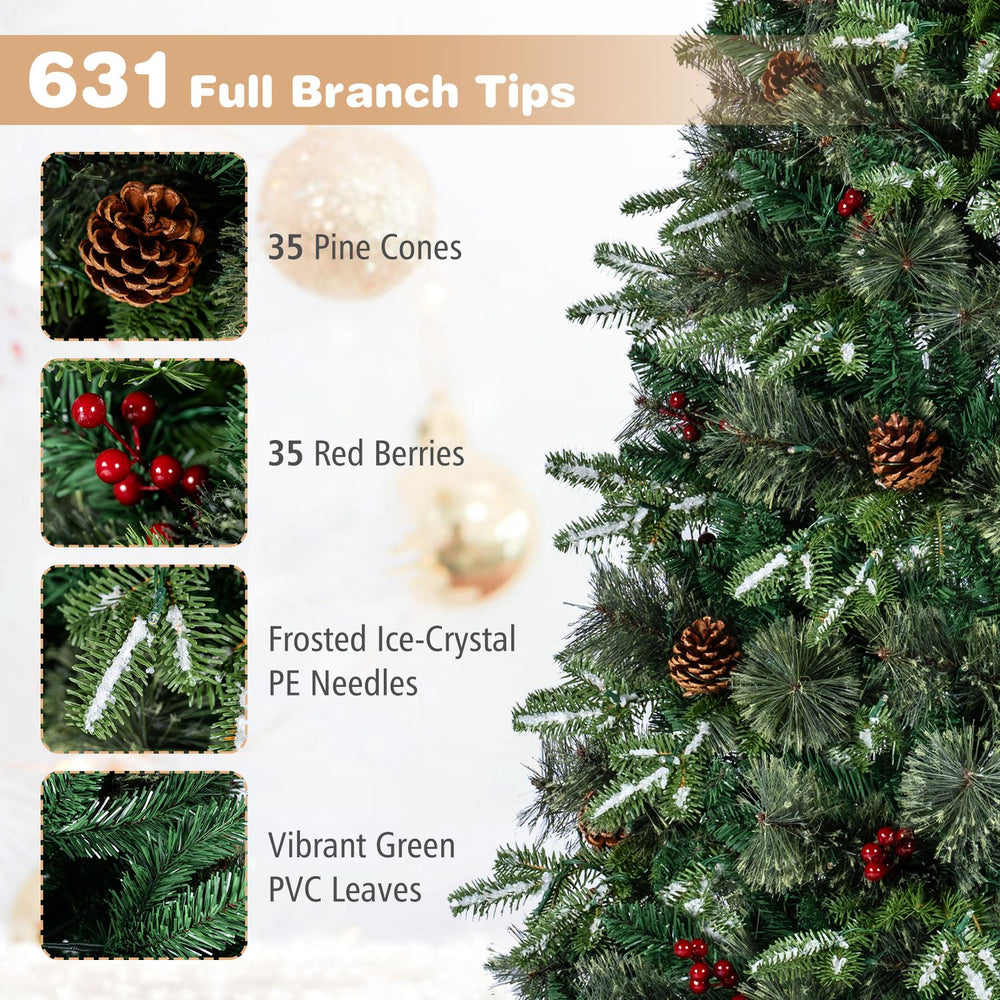 Realistic 6 FT pre-lit artificial Christmas tree featuring 631 full branch tips, pine cones, red berries, and vibrant green foliage.