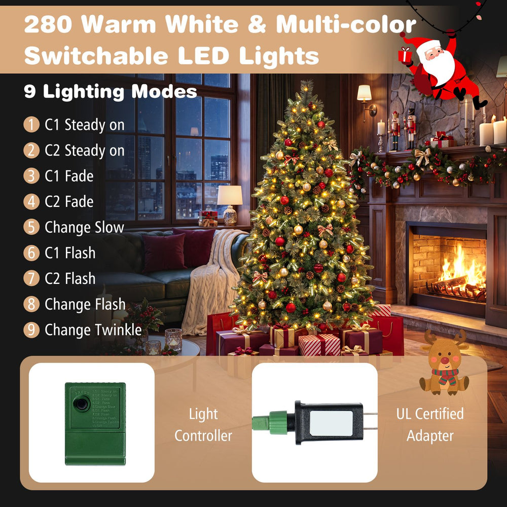 6 FT pre-lit artificial Christmas tree with 280 dual-color LED lights and 9 lighting modes for festive holiday decor.