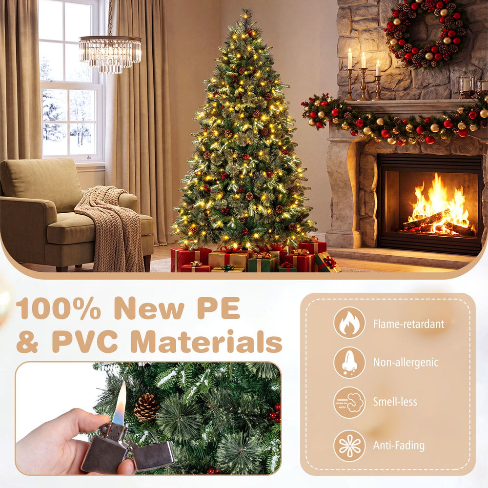 6 FT pre-lit artificial Christmas tree featuring dual-color LED lights, realistic foliage, and 9 lighting modes for festive decor.