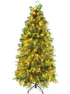 6 FT pre-lit artificial Christmas tree with warm white and multicolor LED lights, pine cones, and red berries for indoor decor.