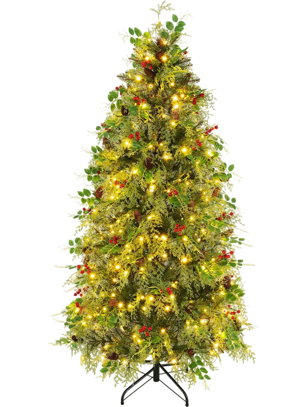 6 FT pre-lit artificial Christmas tree with warm white and multicolor LED lights, pine cones, and red berries for indoor decor.