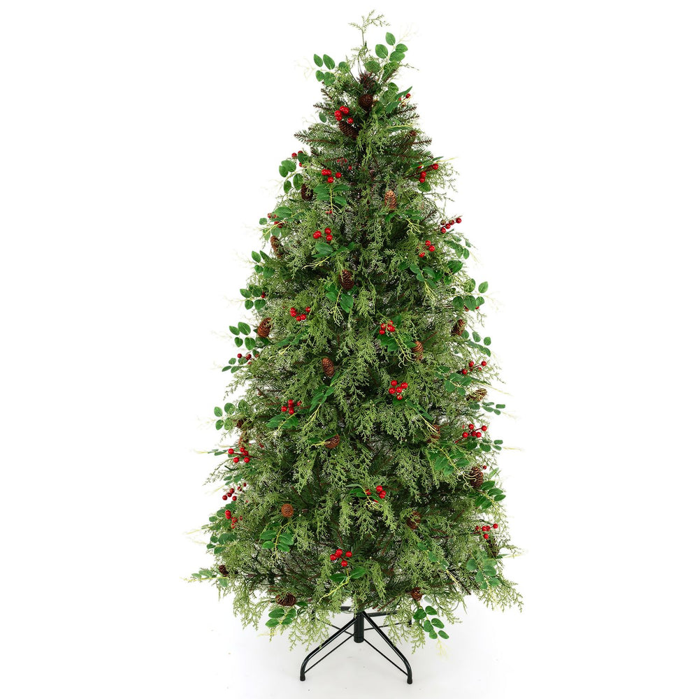 6 FT artificial Christmas tree with pine cones, red berries, and lush layered greenery on a stable metal base.