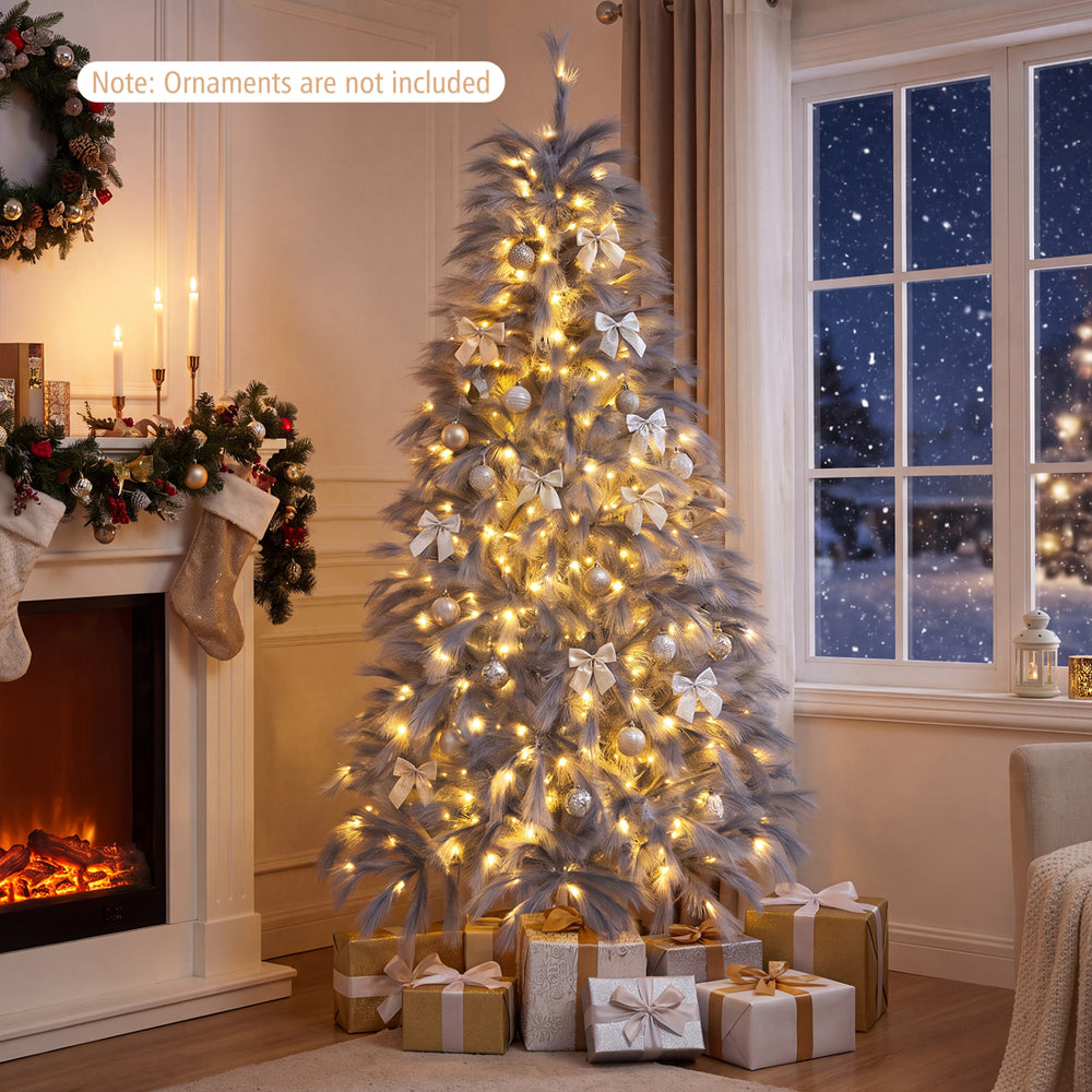 6 FT pre-lit Christmas tree with feather-inspired branch tips, warm white LED lights, and a stable metal base for holiday decor.