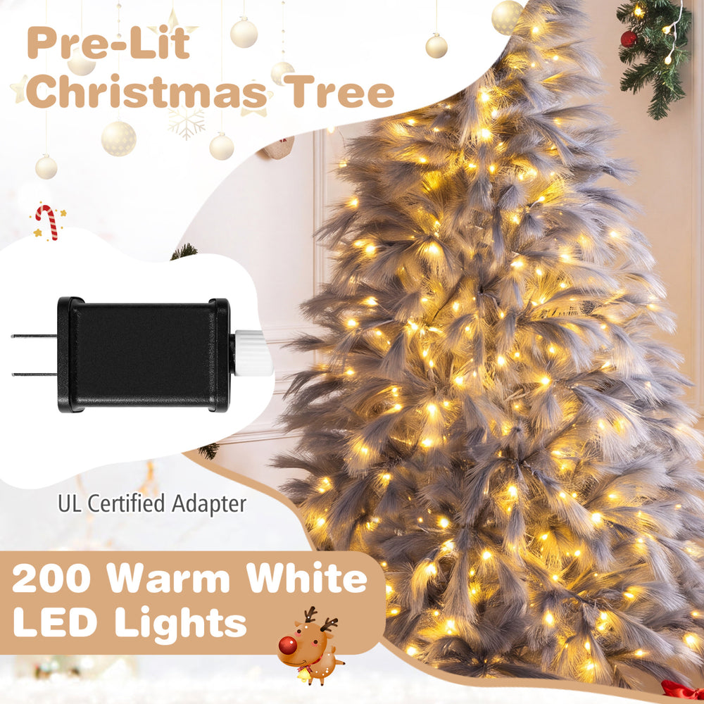 6 FT pre-lit Christmas tree features feather-inspired branch tips and 200 warm white LED lights for a stylish holiday display.