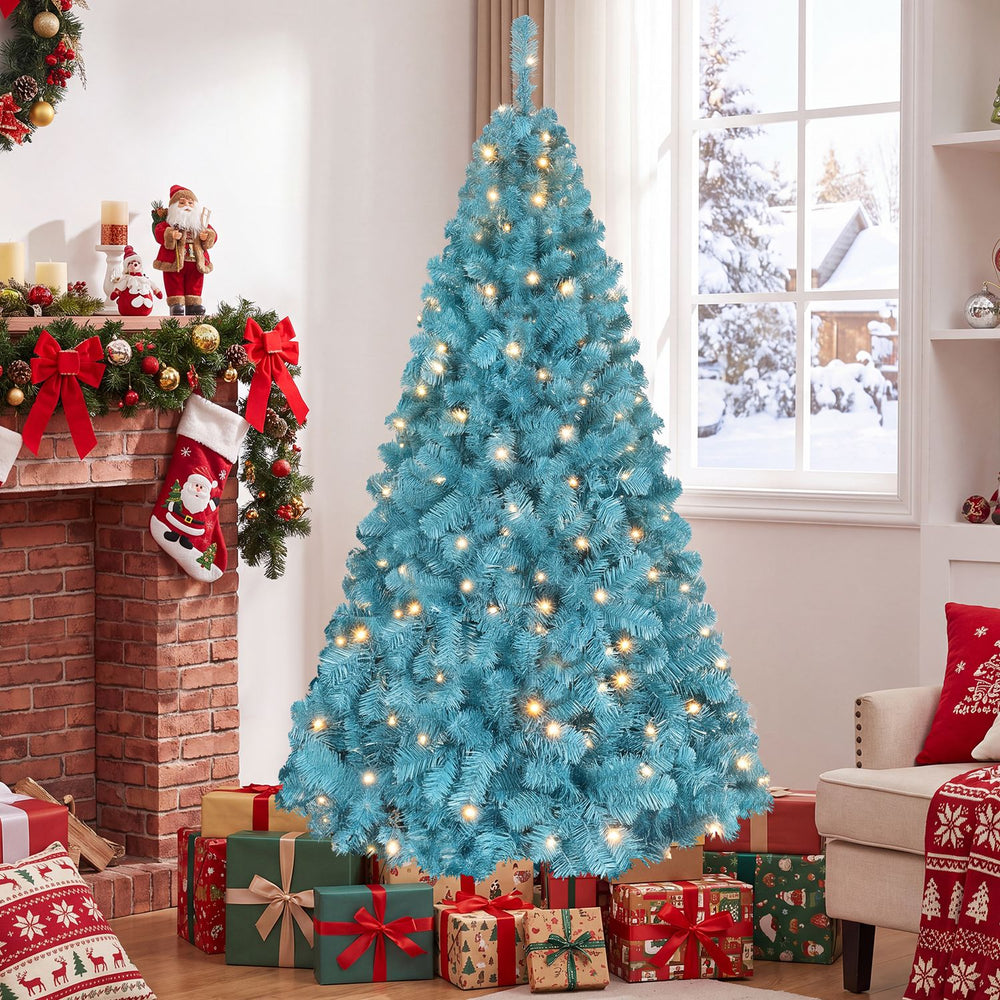 Peacock blue 6 FT pre-lit Christmas tree with 500 warm white LED lights, perfect for festive holiday displays.