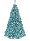 Pre-lit 6 FT peacock blue Christmas tree with 500 warm white LED lights, featuring layered branch tips for a festive display.