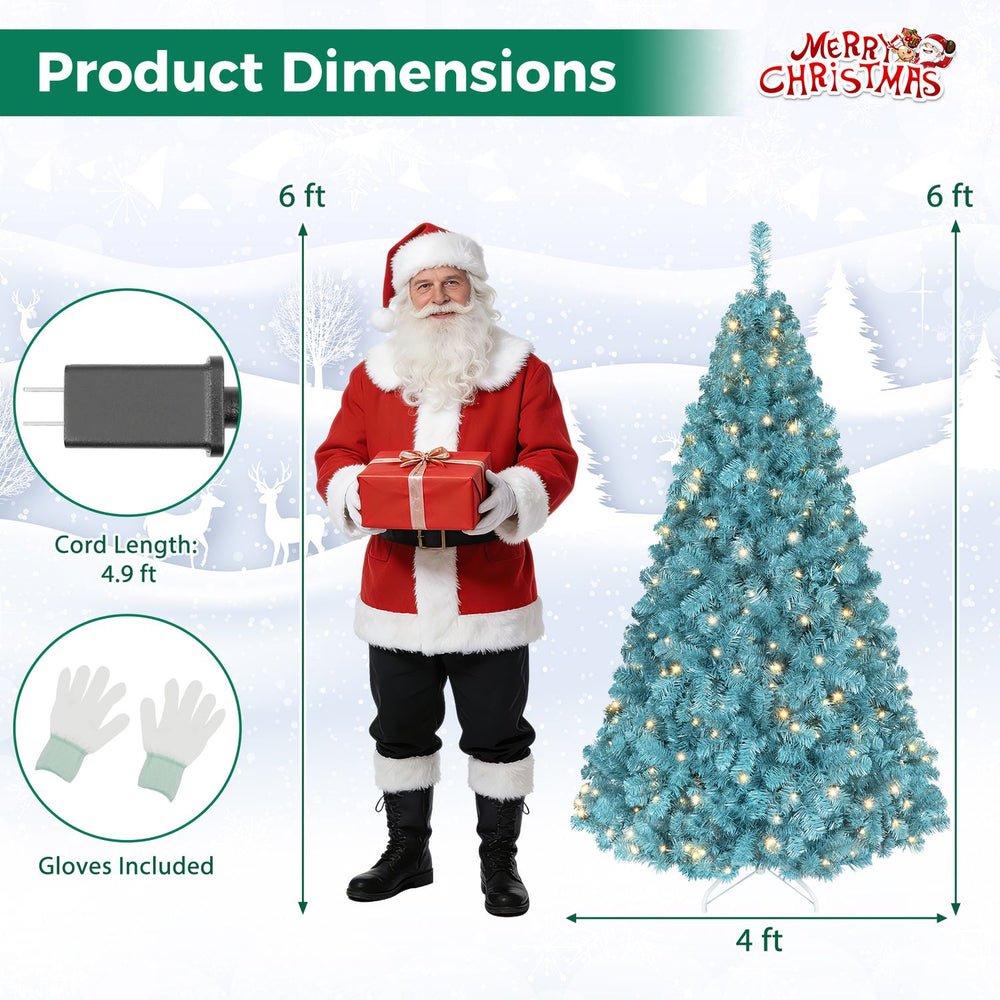 6 FT pre-lit peacock blue Christmas tree with warm white LED lights, featuring 1338 layered branch tips for a festive display.