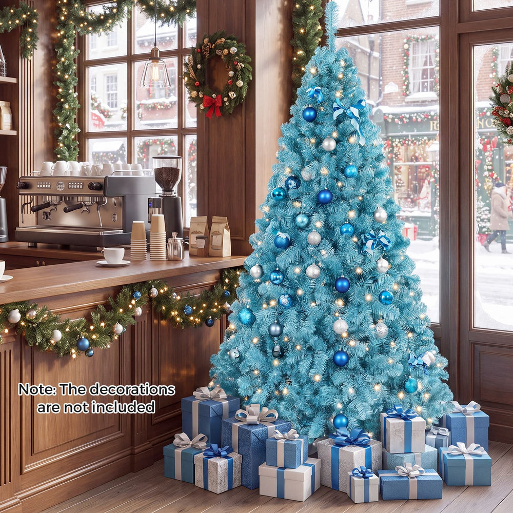 Peacock blue 6 FT pre-lit Christmas tree with warm white LED lights and layered branch tips for festive holiday displays.