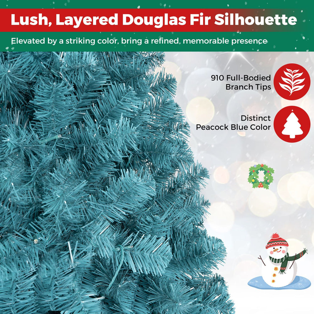 Lush 6 FT pre-lit peacock blue Christmas tree features 910 branch tips and warm white LED lights for a festive display.