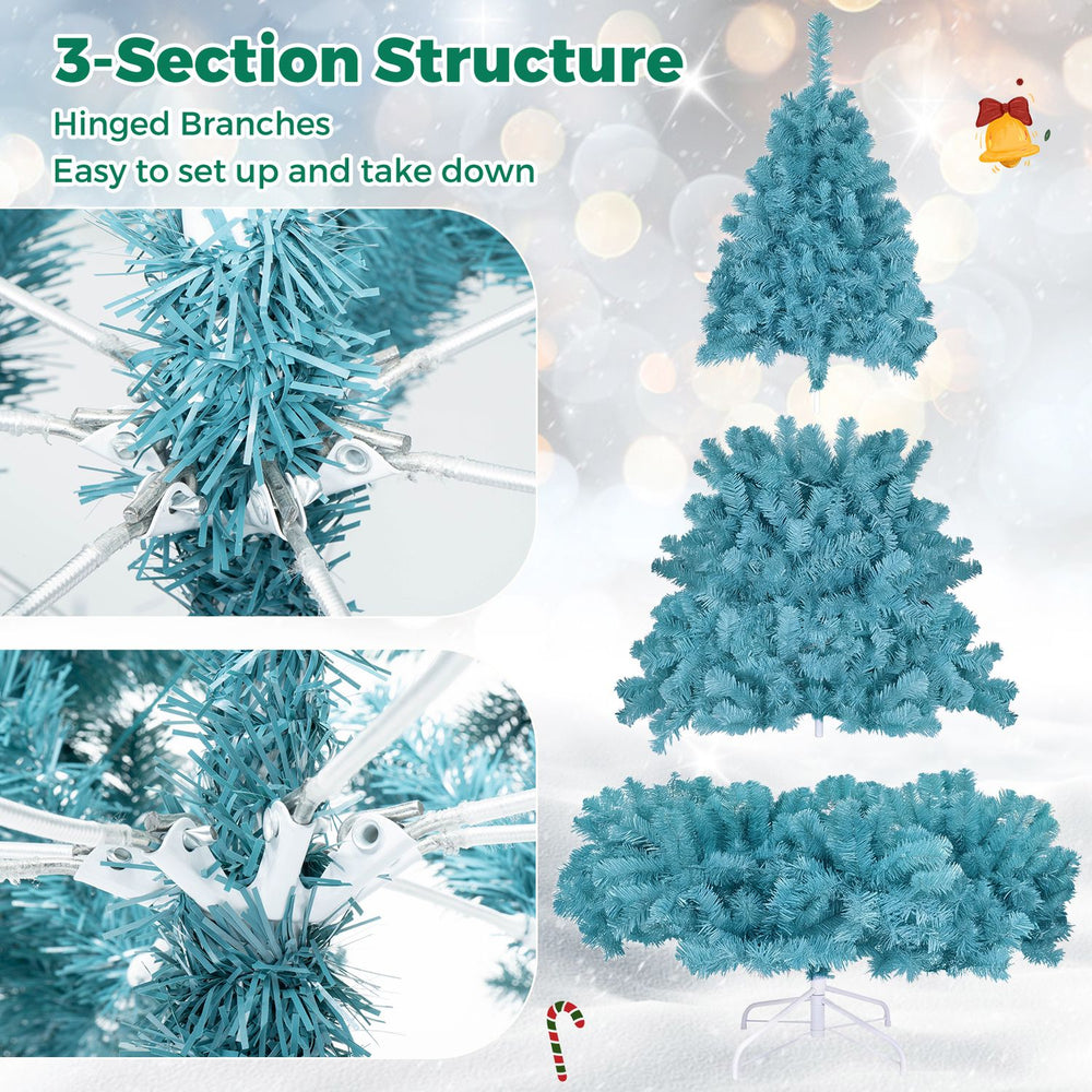 Peacock blue 6 FT pre-lit Christmas tree with 500 warm white LED lights and hinged branches for easy setup and takedown.